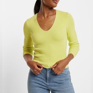 NEW Express Fitted Ribbed V-Neck Sweater Lemon Popsicle Yellow/Green, NWT